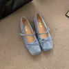 Zapatos planos de ante estilo hada con punta cuadrada para mujer 2024 nudo de lazo Mary Janes de suela plana para el trabajo