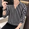 Camisa de verano con mangas de siete puntos para hombre, moderna, informal, ajustada, a cuadros, con rayas verticales, de seda helada
