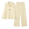 Pijama de primavera y otoño para mujer, algodón elástico, casual, se puede usar afuera, cárdigan con cuello de solapa, ropa de casa de manga larga, traje fino de otoño
