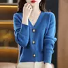 Novo cardigã de malha curto simples de cor sólida com decote V, três botões, solto, casual, 100% lã, para mulheres, outono