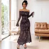 Nuevo Vestido de Fiesta Estilo Comercio Exterior, Vestido de Malla con Estampado de Leopardo, Mangas Largas, Hombros Descubiertos, Estilo Retro Francés para Mujer, Vestido de Alta Gama