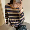 Suéter de punto de manga larga a rayas con bloques de color y cuello redondo estilo coreano para mujer, nueva colección de principios de otoño, corte holgado, adelgazante, versátil, top de suéter ligero