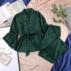 Otoño/Invierno 2026 Conjunto Europeo y Americano de Satén: Cárdigan, Bata con Lazo y Pantalones, Color Sólido, Ropa de Casa, Pijama Suelto para Mujer