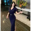 Estilo Novo 2026 Transfronteiriço Vestido Longo Bodycon de Manga Curta com Gola Polo em Malha Francesa Vestido Retrô Slim-Fit