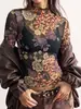 Camiseta europea y americana transfronteriza de Amazon 2026 nuevo estampado floral vintage top de malla de manga larga ajustado para mujer