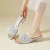 Sandalias de Tacón Grueso con Tirante Único y Fuegos Artificiales de Pedrería para Mujer Verano 2026 Pantuflas Francesas de Punta Cuadrada y Tacón Medio para Combinar con Vestidos