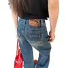 Jeans acampanados de estilo americano lavados en azul rayo, no ajustados, para mujer, pantalones de verano de tiro bajo acampanados, adelgazantes, fluidos, de largo hasta el suelo