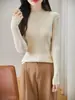 Camiseta Base de Canalé de Color Sólido Ajustada de Manga Larga para Mujer, Suéter de Punto de Algodón Puro, Nuevo para Primavera y Otoño