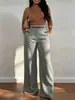 Pantalones retro europeos y americanos de pierna ancha con grandes bolsillos de parche, de cintura alta, hechos de tela de traje con efecto de caída, corte holgado, favorecedores de la figura, rectos hasta el suelo