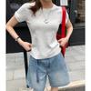 Tiro Real # Camiseta de Algodón Puro de Manga Corta con Cuello Redondo para Mujer Verano 2025 Nueva Camiseta Entallada con Mangas Raglán para Personas Bajas