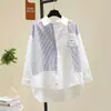 Camisa de Manga Larga a Rayas con Parches Suelta Casual Reductora de Edad para Mujer, Diseño de Nicho Inspirado en Amazon Transfronterizo Europeo y Americano