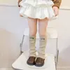 Meias infantis para meninas, meias compridas com padrão de coração bordado, aquecedores de perna de malha de cor sólida estilo coreano para primavera e outono, meias de cano médio para meninas