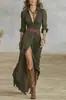 Vestido Largo Elegante de Manga Larga para Mujer Estilo Europeo y Americano 2026 Nuevo Retro Francés Cuello en V Cintura ceñida Plisado Holgado Abertura