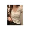 Camiseta de encaje con escote en V corto y hombros descubiertos para mujer, talla grande, diseño con cordón, manga corta, estilo veraniego