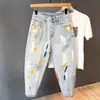 Calça Jeans Lavada com Salpicos de Tinta Coloridos Estilo Americano para Homens, Calças Retas Soltas Tendência Verão High Street