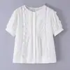 Camisa Top Casual de Verano para Mujer de Manga Corta Blanca con Cuello Redondo y Parches de Encaje - Comercio Exterior Transfronterizo