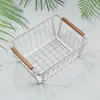Cesta de Almacenamiento para Encimera de Cocina Transfronteriza Sin Tapa, Cesta de Almacenamiento para Artículos Varios de Escritorio para el Hogar, Cesta de Almacenamiento de Hierro con Mango de Madera Estilo Europeo
