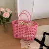 Cesta de Vegetais Tecida à Mão Estilo Coreano Vazada de Rattan Sintético Impermeável para Piquenique, Férias na Praia, Cesta de Banho, Bolsa