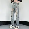 Jeans de Tinta a Color para Hombre Verano Oscuros Estilo Urbano Cachorros Atractivos Pantalones Viejos Lavados Agujeros Pantalones Casuales Juveniles