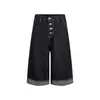 Pantalones Vaqueros Cortos de Estilo Americano con Múltiples Bolsillos, Dobladillo sin Terminar, Botones, Unisex, Retro, Rectos, Casuales, Versátiles, Modernos, de Pierna Ancha