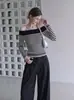 Top de punto a rayas con patchwork de color contrastante, hombros descubiertos, manga larga para mujer, diseño de otoño, top base único y hermoso
