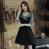 Vestido Corto Negro Casual Estilo Francés con Diseño de Empalme de Malla para Mujeres Petites en Otoño