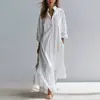 Vestido branco casual de verão 2026 com gola de camisa franzida, mangas bufantes, múltiplos bolsos, soltinho para férias femininas