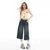 Shorts de Trabajo de Mezclilla Retro Americano con Bolsillos para Mujer, de Cintura Alta, Corte Recto, Ajuste Holgado, Adelgazante, Pierna Ancha, Largo de Tres Cuartos, Azul Mezclilla