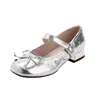 Zapatos Mary Jane Plateados Estilo Nuevo Primavera 2026 para Mujer, Adecuados para Faldas, Punta Redonda Baja, Moño, Zapatos de Tacón Grueso Estilo Francés para Mujer