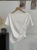 Camiseta Omalai sin Hombros con Fruncido Lateral y Dobladillo Irregular, Manga Corta, Color Sólido, Top para Mujer, Foto Real 7024