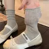 Calcetines Grises Miu para Mujer, Calcetines de Media Pantorrilla, Estilo Delgado de Verano, Calcetines Largos con Borde Enrollado, Calcetines Holgados de Malla Hueca Estilo Ballet para Verano