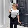 Zt6619 Blusa Feminina Tricô Listrada Pontos Casuais e Elegantes Costas Abertas Laço Cadarço