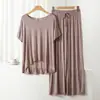 Conjunto de Pijama Casual Duas Peças Feminino de Modal com Gola Redonda e Manga Curta com Calça de Perna Larga Roupas de Casa Tamanho Plus Size Solto