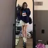 Moletom azul marinho chic retrô americano para mulheres, tamanho grande, corte solto, esconde imperfeições do corpo, jaqueta de fleece estilo ins para outono e inverno