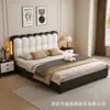 Cama de cuero de almacenamiento de lujo ligero estilo crema, cabecero ondulado con luces, cama canapé alta, almacenamiento partitionado de gran capacidad, cama de boda para dormitorio principal