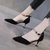 Sandalias de punta para mujer de comercio exterior transfronterizo, nuevos tacones altos de tacón medio versátiles de verano con correa al tobillo y punta aguda