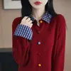 Suéter de punto de retazos a cuadros de color sólido, estilo dos piezas, para mujer, nuevo cárdigan casual con cuello vuelto estilo coreano para otoño e invierno, para mujer