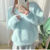Suéter de Cashmere Sintético de Pelo de Vison Feminino Outono e Inverno Espessado Pulôver Inverno Estilo Solto Preguiçoso Top de Mohair com Decote em V