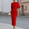 2026 Roupa Feminina Transfronteiriça Europeia e Americana Elegante Temperamento Estilo Socialite Cintura Marcada Emagrecedor Manga Média Cor Sólida Vestido Longo