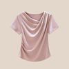 Diseño de Cuello en V Asimétrico, Estilo Único, Camiseta de Manga Corta con Hombro Normal para Mujer, Nuevo Modelo de Verano 2026, Top Plisado Adelgazante con un Toque de Lujo