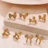 Brincos de Argola com Laço de Diamante Estilo Ins Europeu e Americano Banhados em Aço Inoxidável Ouro 18K Brincos Fashion Diários para Mulheres