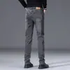 Calça Jeans Masculina Cinza Chumbo Acolchoada e Espessa, Novo Estilo Outono e Inverno 2026, Calça de Inverno Slim Reta de Alta Qualidade
