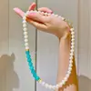 Conjunto de Colar, Pulseira e Brincos de Pérola de Água Doce e Amazonita Natural de Alta Qualidade 9-10mm