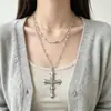 Collar Cruz Grabada American Gothic Estilo Dulce Fresco Cadena de Doble Capa Cuentas de Cristal Cadena para Suéter de Mujer Accesorios Personalizados
