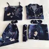Pijama Delgado Estilo Ins Transfronterizo de Comercio Exterior para Mujer, Conjunto de Siete Piezas para Primavera y Otoño, Ropa de Casa con Patrón de Grulla, Pijama Delgado para Todas las Estaciones