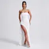 Vestido assimétrico único para mulheres, acinturado, emagrecedor, sem alças, com fenda, preto elegante, luxo leve, vestido longo de verão