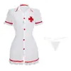 Lencería sexy, malla transparente, escote en V profundo, abertura, ribete de encaje, vestido de uniforme de enfermera, tentación pura y seductora
