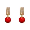 Brincos Geométricos Vermelhos com Pérolas e Full Diamond Estilo Retrô da Moda Francesa para Mulheres, Brincos Versáteis de Luxo Leve Exquisitos Atacado