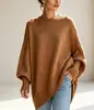 Suéter de tricô oversized com gola redonda, estilo pulôver, para outono/inverno 2026, transfronteiriço europeu e americano, marca independente, estilo solto e relaxado, suéter liso para mulheres