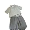 Conjunto Casual de Dos Piezas para Niños, Polo de Punto Gris de Manga Corta, Estilo Coreano Nuevo, Verano 2026, Moderno